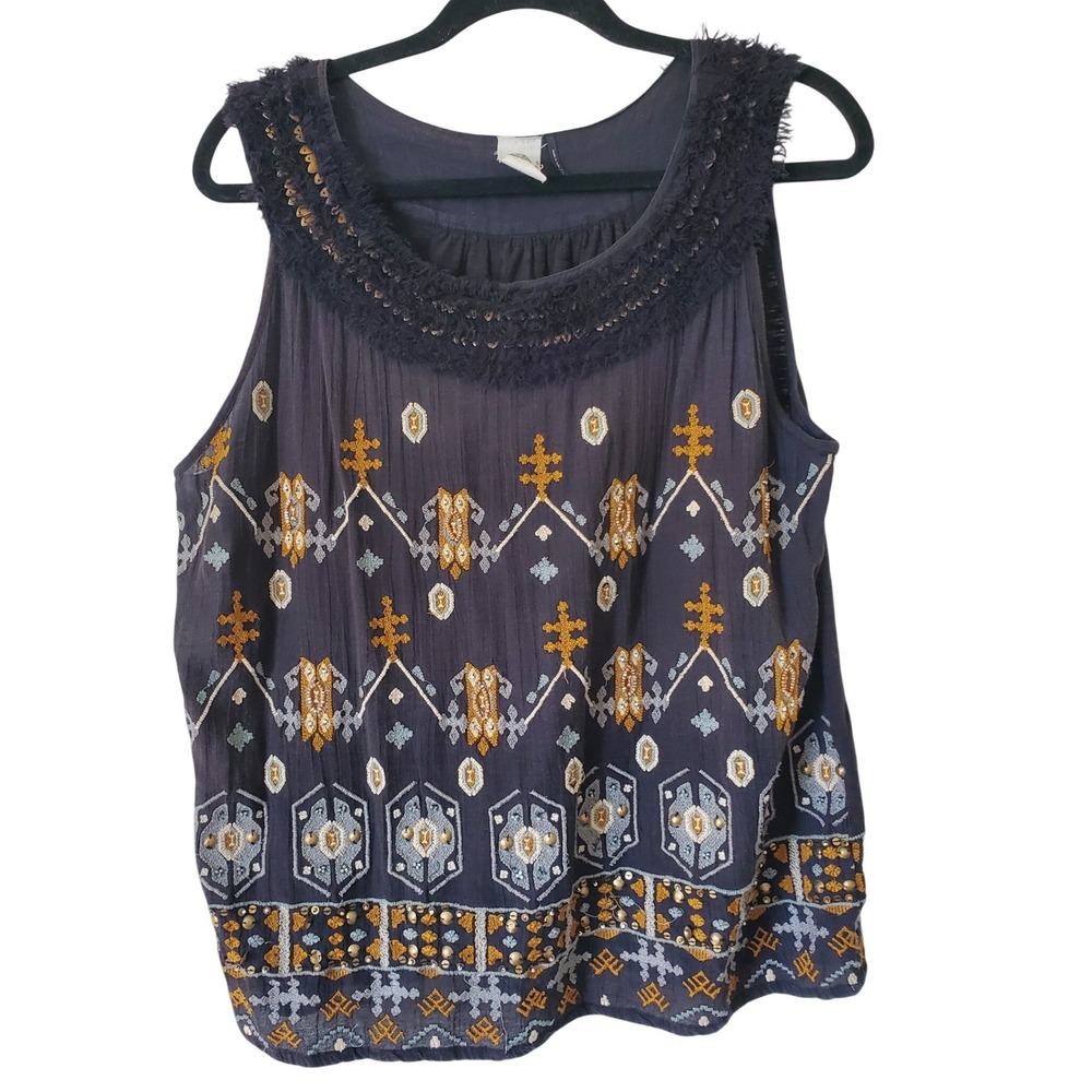 Akemi + Kin Anthropologie Womens L Embroidered Boho Top Grey Fringed